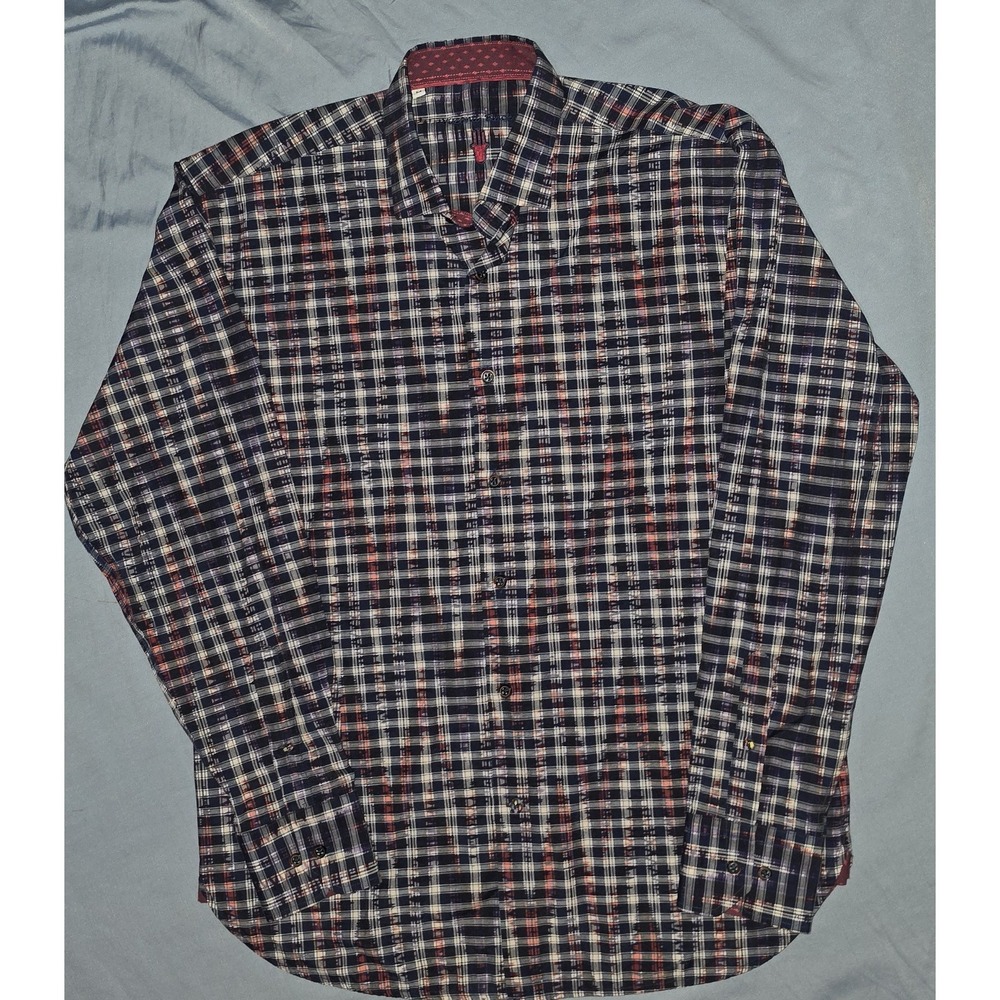 VISCONTI BLACK Shirt Mens Medium Navy Multicolor  Plaid 100% Cotton #3960‎